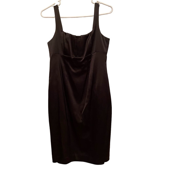 David Meister Black Cocktail Dress Square Neck Pleats Satin Slip LBD Sheath 10 - Picture 3 of 8